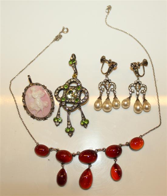 Silver & carnelian necklace, pendant, earrings and cameo